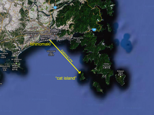 line on map from Ishinomaki to cat island