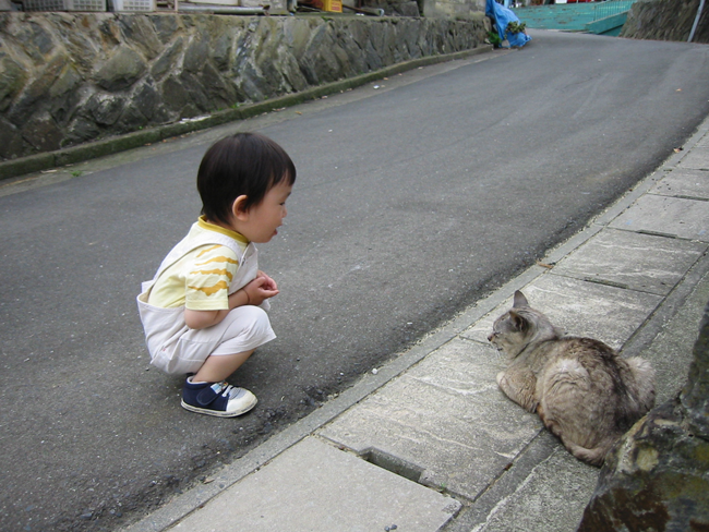 child crouching next to cat