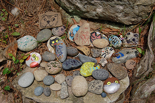 pile of small rocks with cat pictures on them