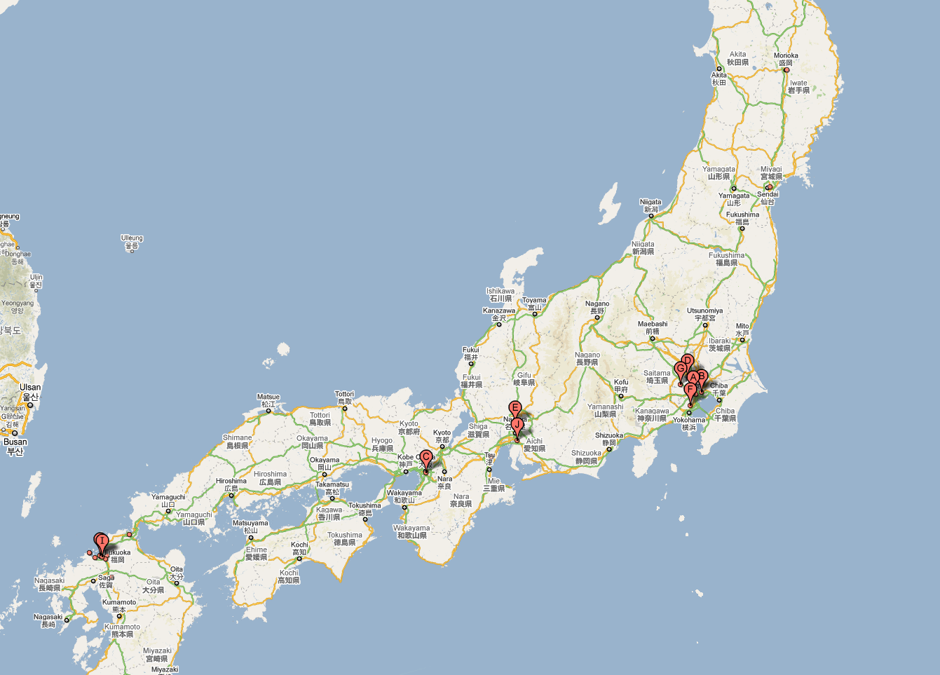 Location of a variety of Zauo restaurants in Japan