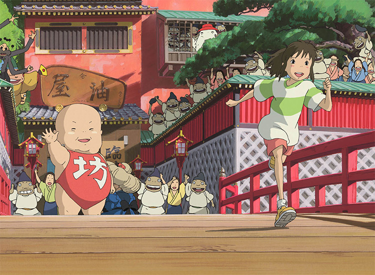 still from spirited away giant baby waving on the bridge