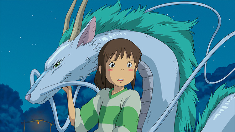 still from spirited away girl and dragon
