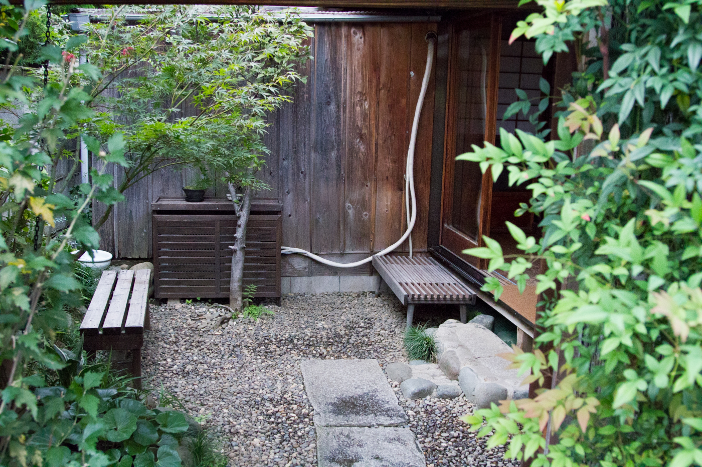 japan omotesando koffee shop courtyard with bench and plants