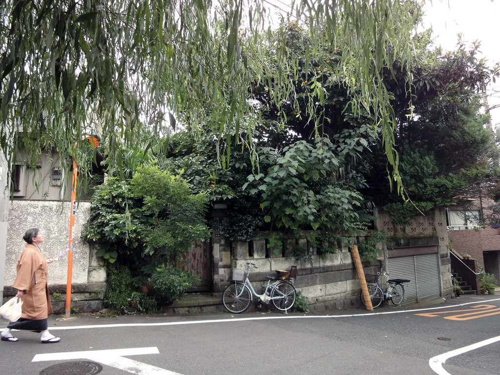 Japanese woman walking down street holding bag