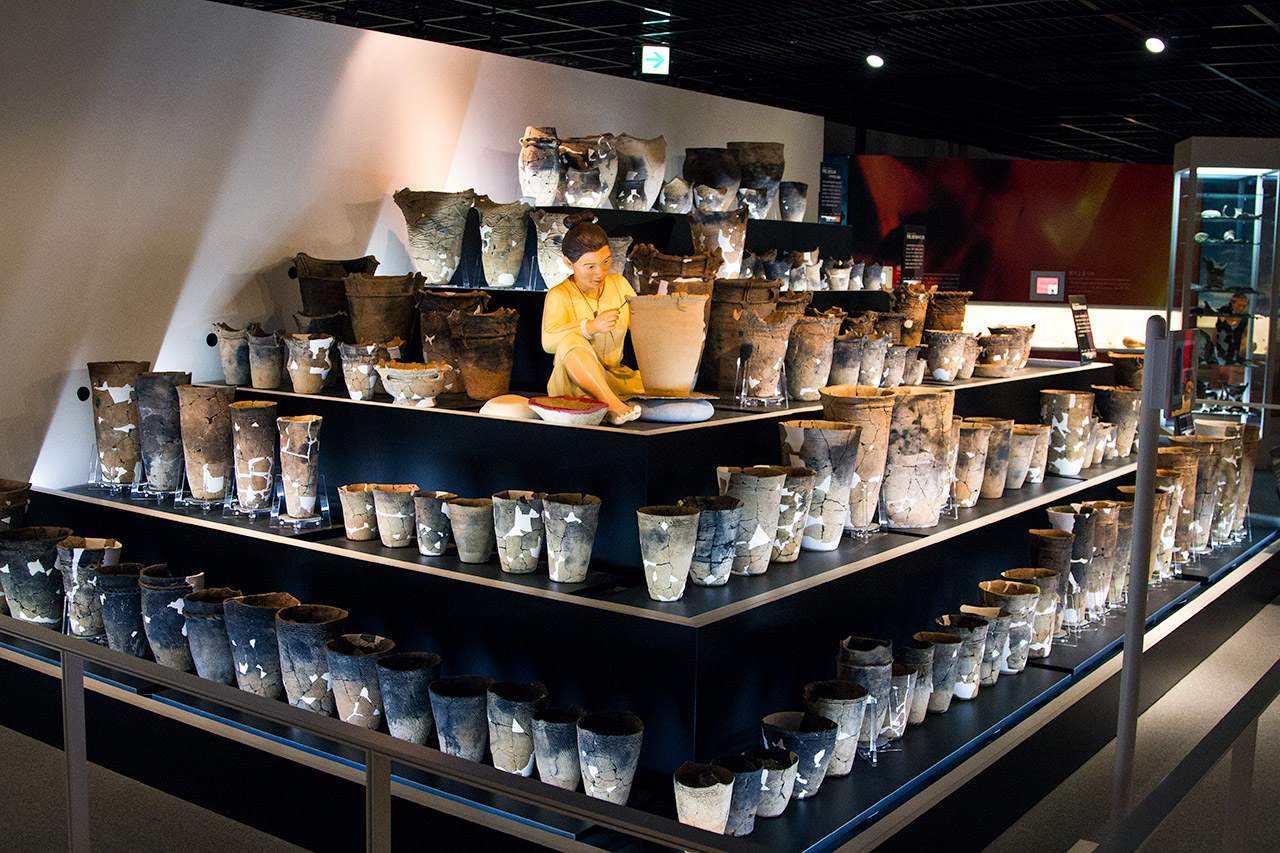 display of Japanese pottery artifacts