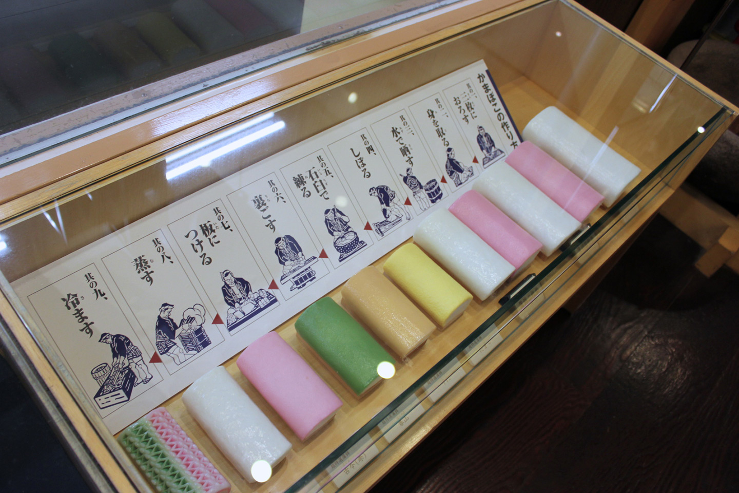 display case showing finished kamaboko fish rolls