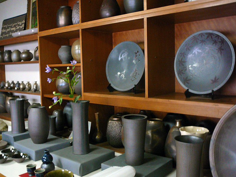 pottery on shelves