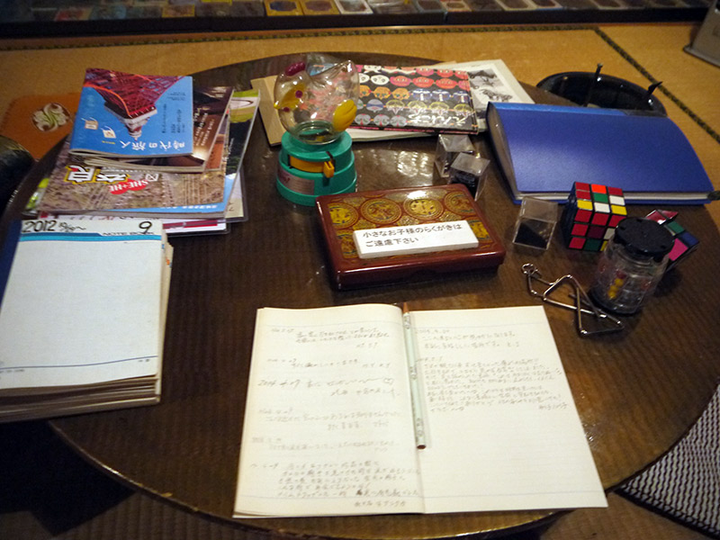 A table of vintage school supplies and Rubik's cubes