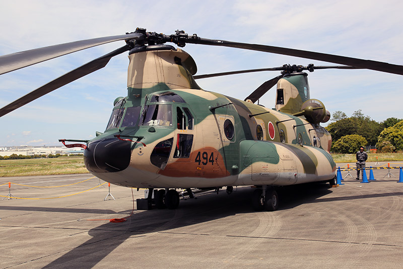 A JASDF CH-47 Chinook parked on the tarmac