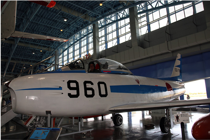 An F-86F Sabre fighter jet inside the museum