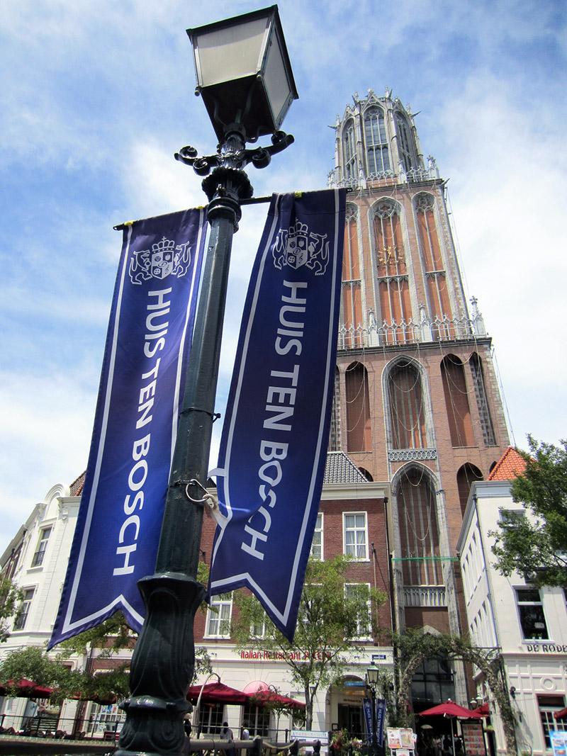 lamppost blue banner big building european style