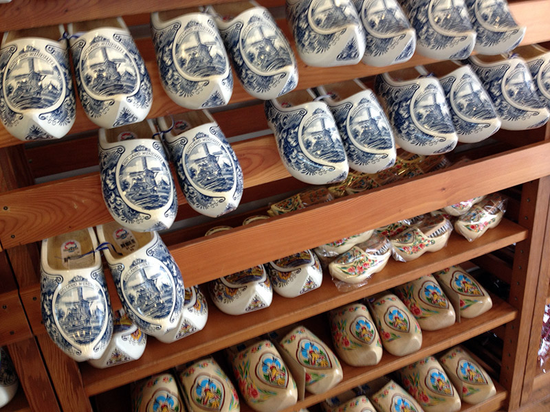rows of blue and white clogs for sale japan