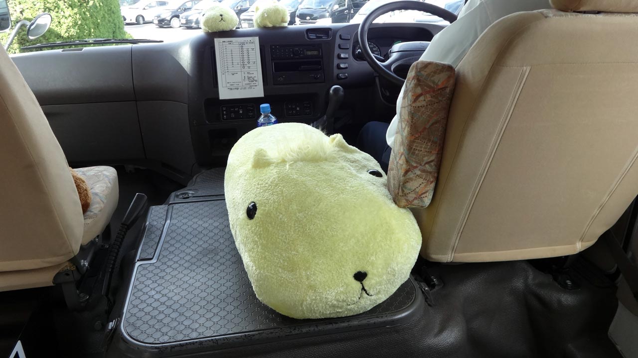 kapibara-san plush in a japanese car