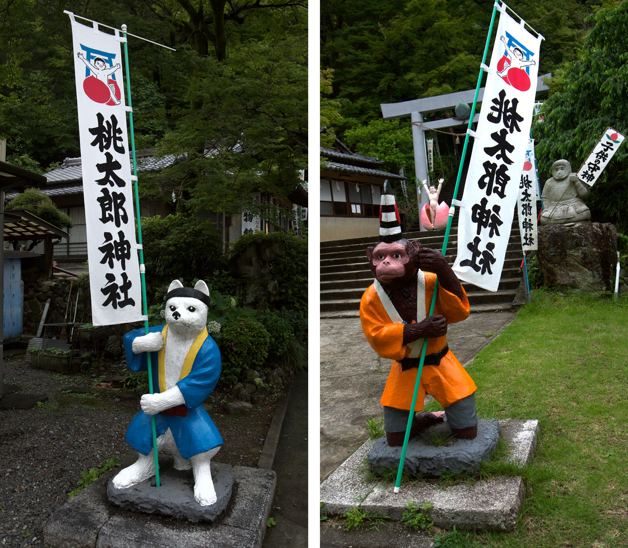 dog and monkey statues at momotaro shrine