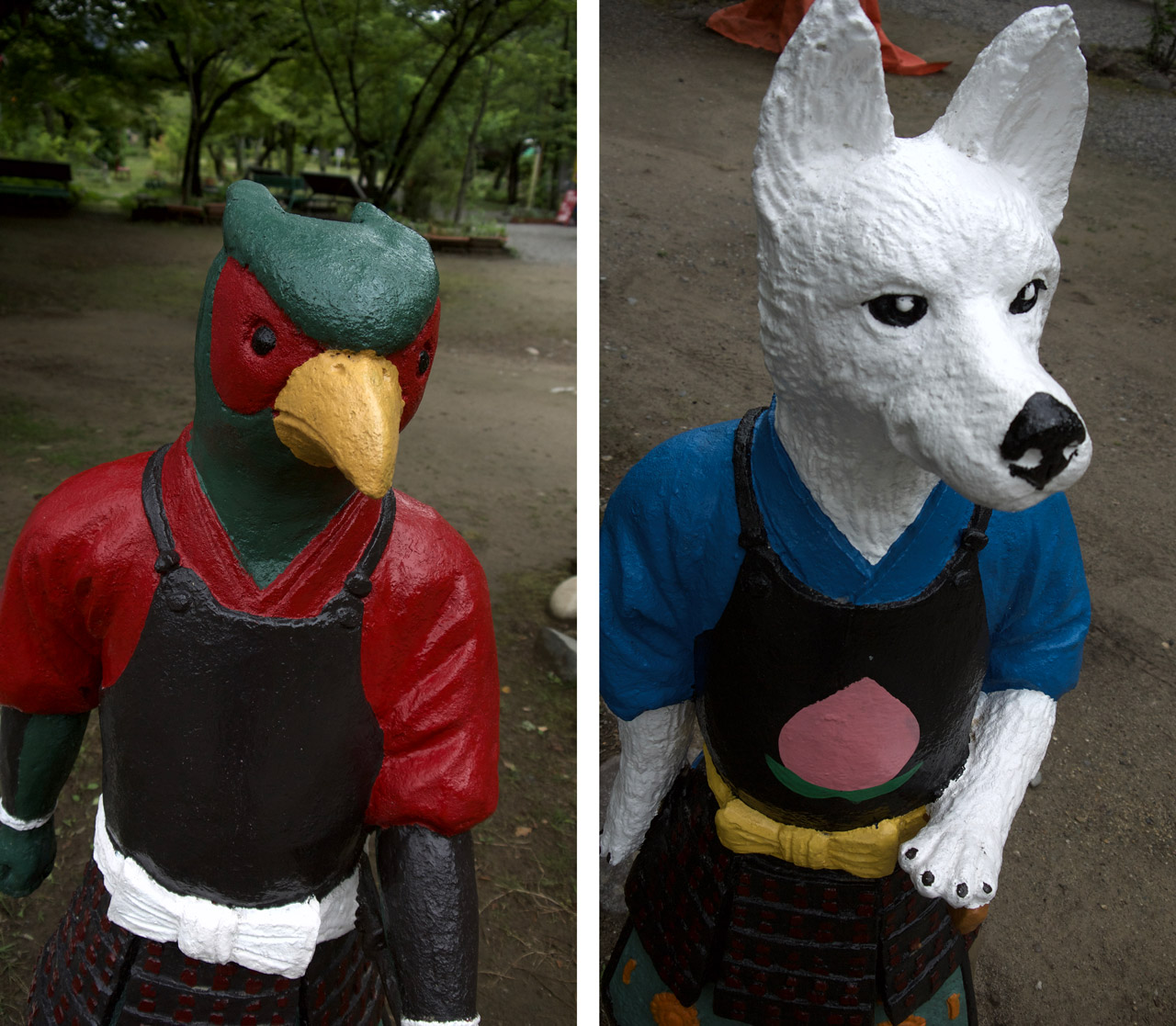 momotaro dog and pheasant sculptures