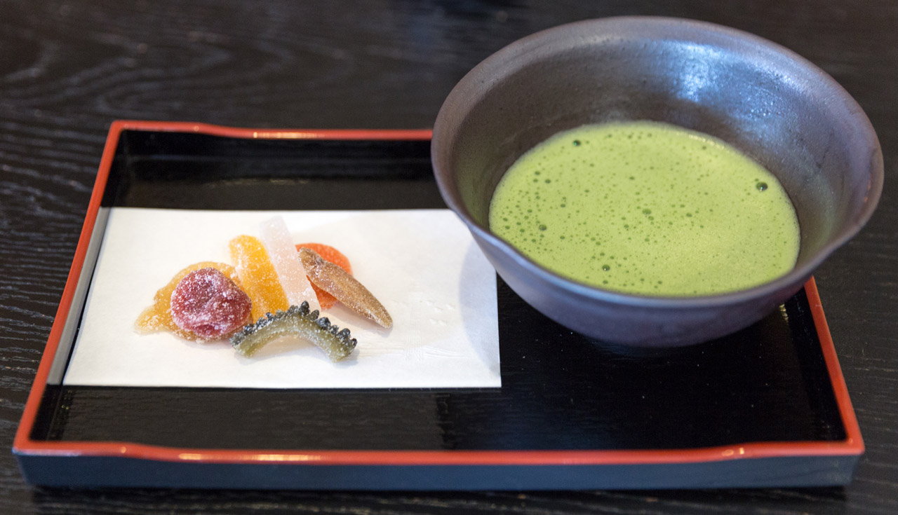 candied vegetable tray with matcha