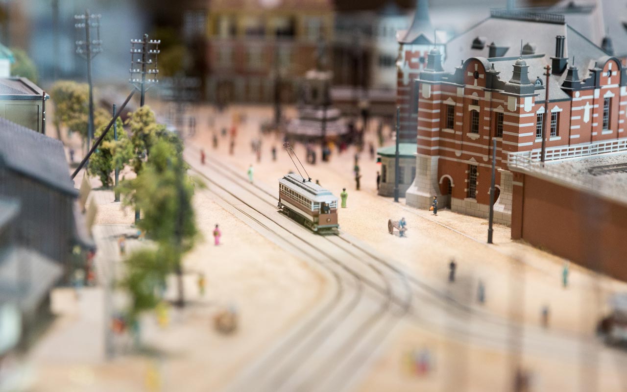 diorama of miniatures depicting manseibashi station in taisho period