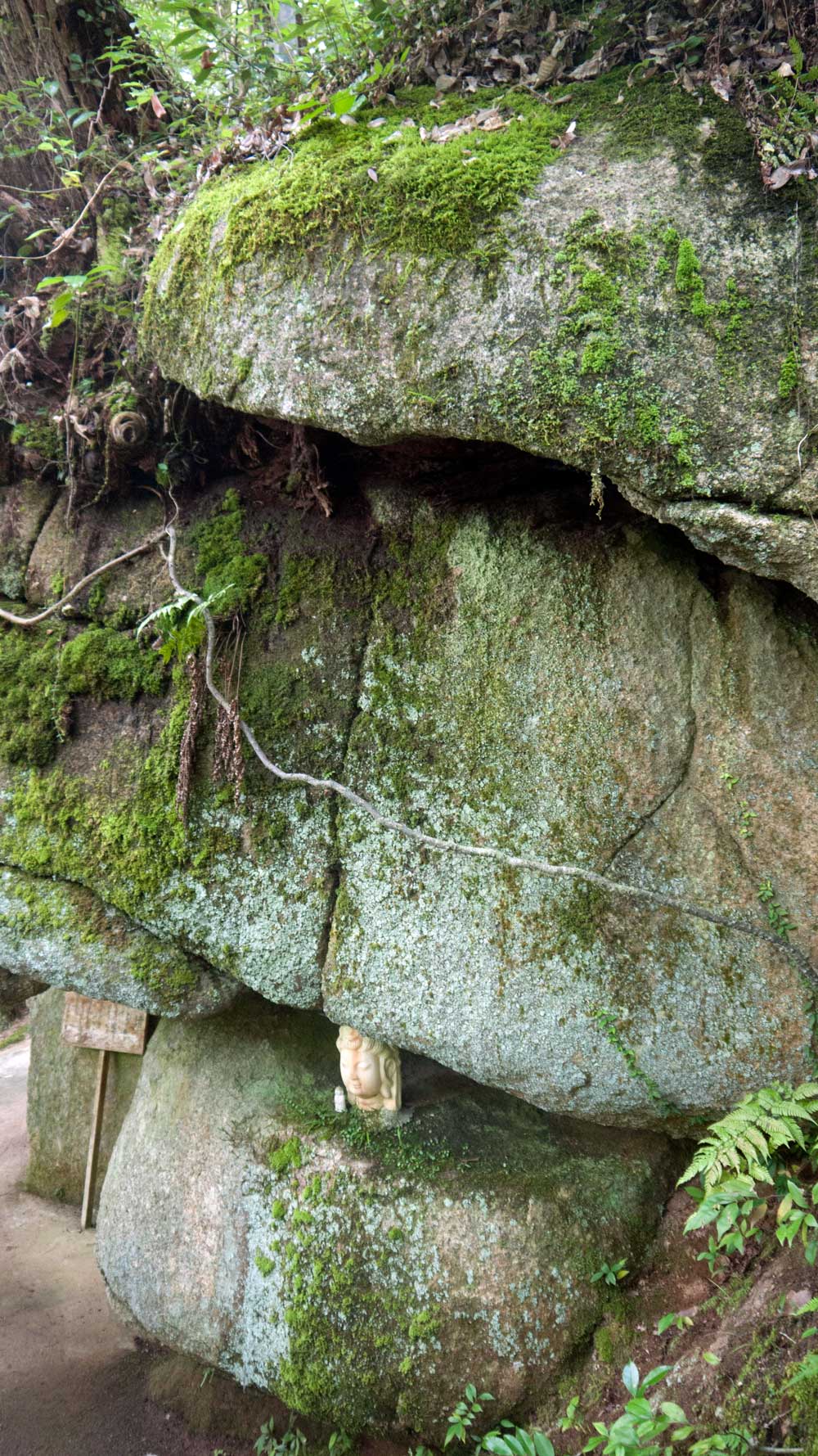 statue head wedged between two boulders