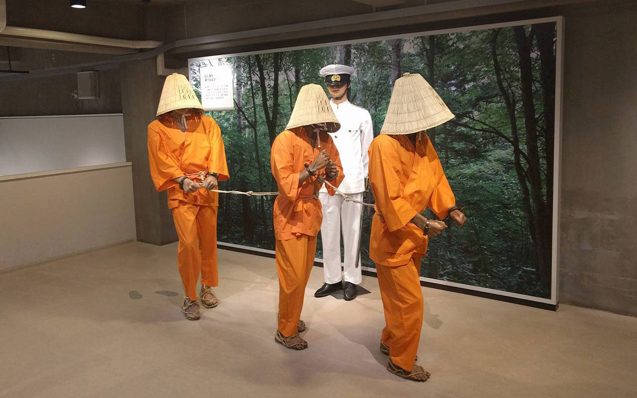 Lifesize models of Abashiri prisoners walking in single file