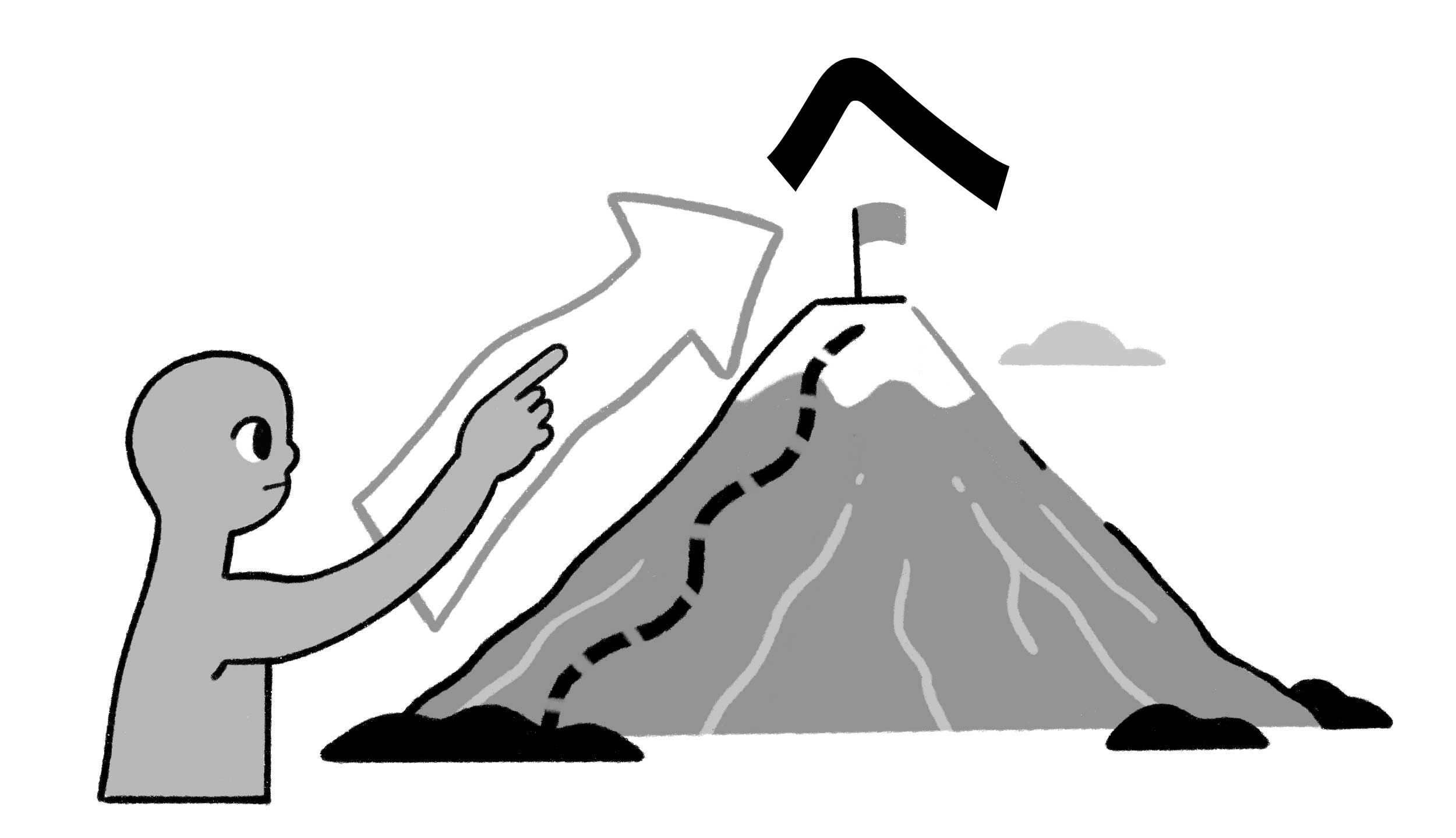 mountain peak with へ at the top, arrow pointing up the mountain